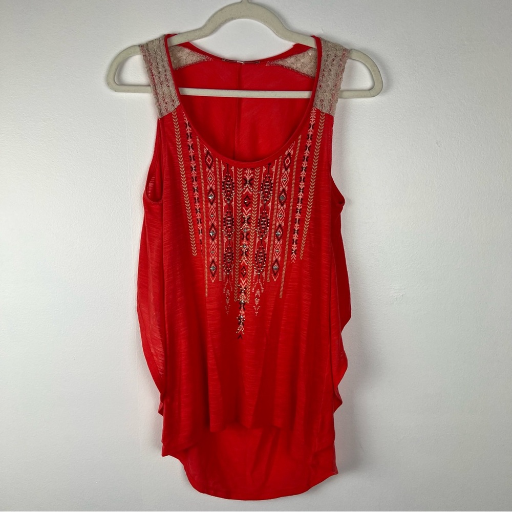 Miss Me Embroidered Tank Top Red High Low Hem Size Small